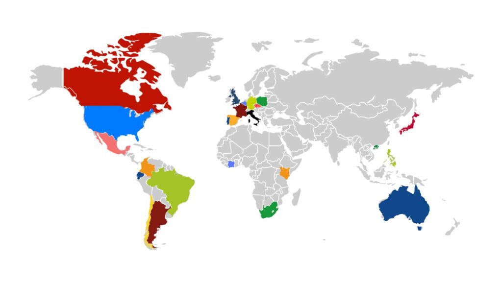 mapa mundi com países destacados